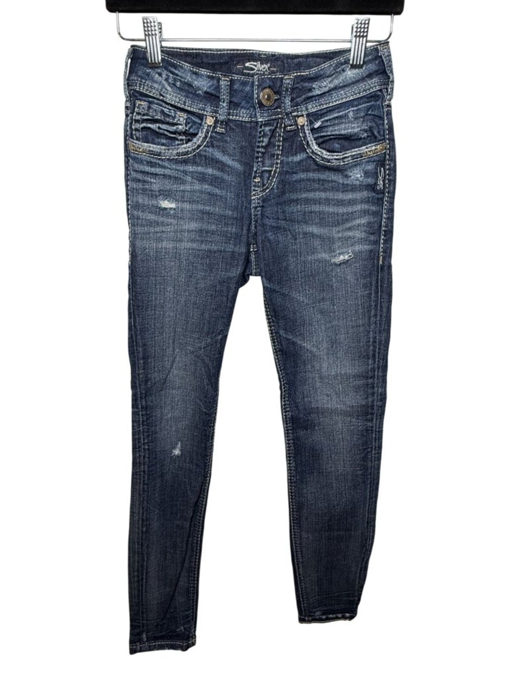 Silver Jeans Co Suki Skinny Jeans W24 L29 Distressed Hem Stretch Denim